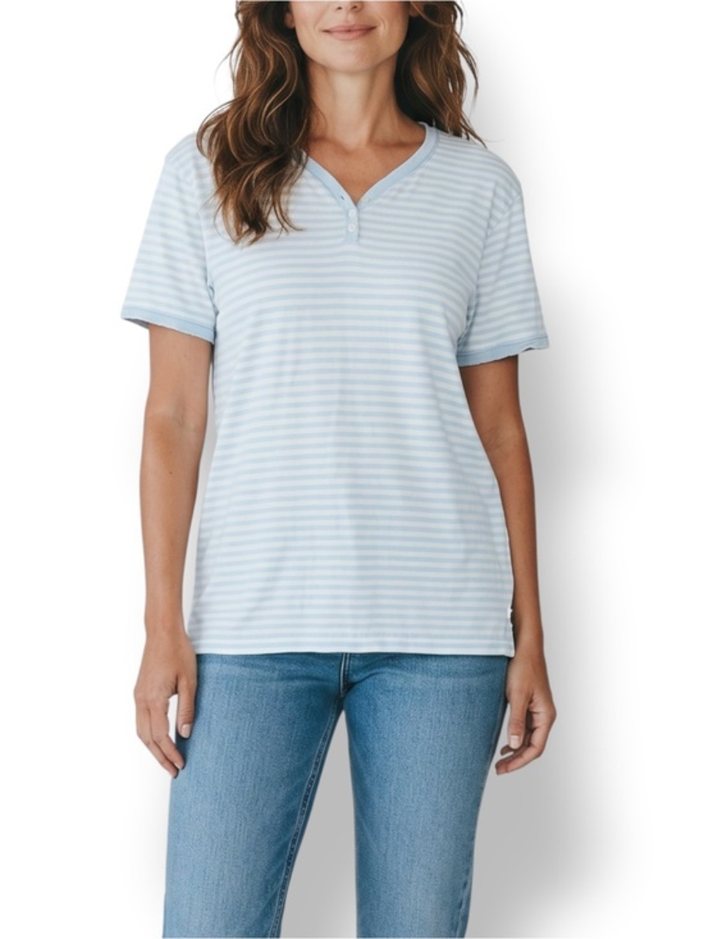 4/$20 Lizsport Blue White Striped Henley Tee 100% Cotton Short Sleeve Top Large